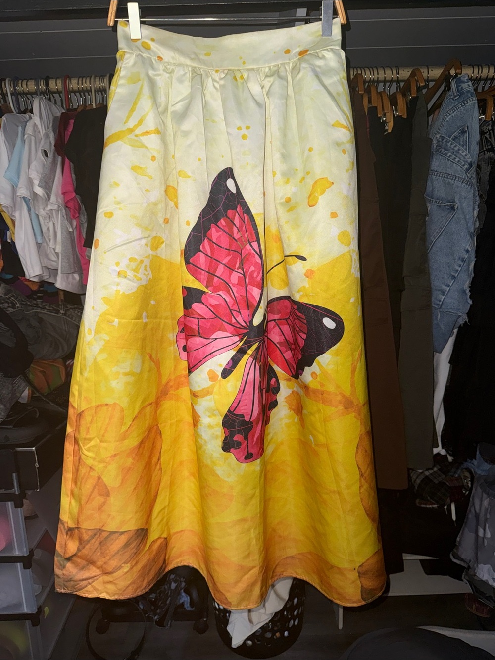 Yellow Butterfly Print Midi Skirt with Pink Accent
